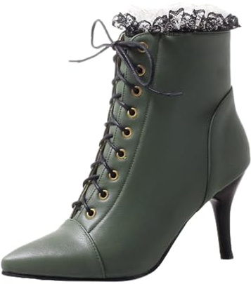 VBEDKDEB Botines Mujer Botas de tobillo Mujer Moda Invierno Botines de Encaje de Encaje Tacón Alto Tacones Finos Encaje Cordones Cremallera Lateral Botas de charol, verde, 37 EU