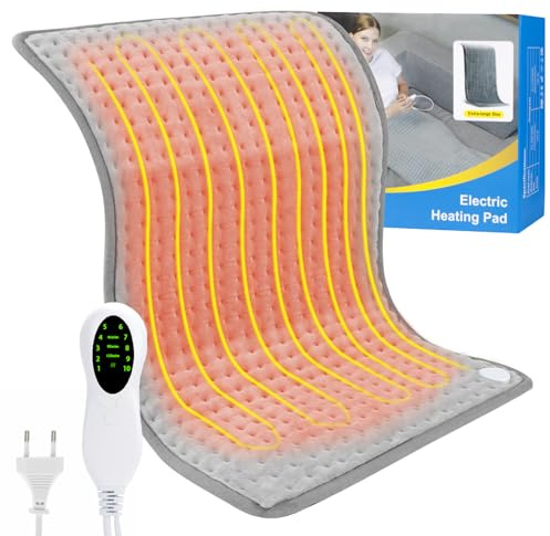 Termoforo Elettrico,40cm×76cm Scalda Sonno, Cuscino riscaldante con 10 impostazioni della temperatura e 3 funzioni timer, cuscinetto termico per schiena, collo, spalle e pancia, morbida flanella