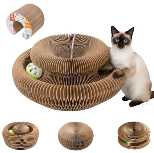 Graffispin, Tiragraffi in Cartone Ondulato Multifunzionale con Pallina e Campanellino, Tavoletta Pieghevole per Interni ed Esterni, per Gioco e Cura degli Artigli (A)