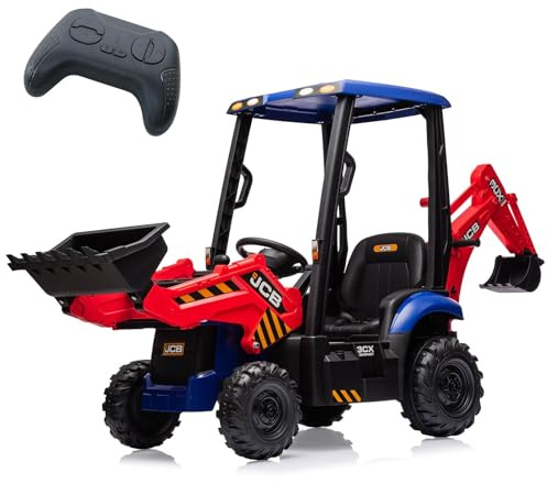 Baloveby Tractor Eléctrico para Niños 4 en 1 con Pala, 12V Excavadora Eléctrica con Control Remoto 2,4G, Motor Doble y Velocidad Ajustable de 2 a 4 km/h, 3+