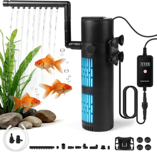 SWAWIS 5 i 1 akvariefilter 1 200L/H med 8 W UV- och timerlampa, med duschstång, för luftfiltrering, sterilisering, lämplig för akvarier från 120 till 400 L (18 W)