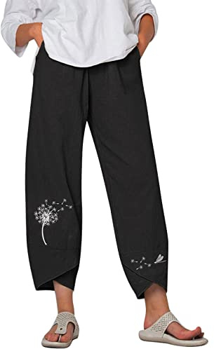 Pantalones de lino para mujer, pantalones anchos de verano, con estampado de diente de león, pantalones de tela, cintura elástica, pantalones palazzo, pantalones de ocio con bolsillos, ligeros