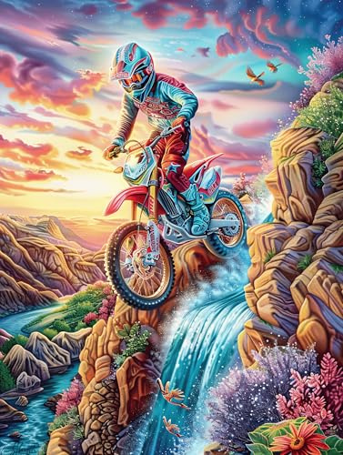 Piloto de motocross en la cascada de montaña Puzzles 300 Piezas Alivio Estrés Familiar Mitos fantásticoss Cuento De Hadas Rompecabezas 3D Para Toda La Familia Juguete Educativo Desafío Intelectual 300