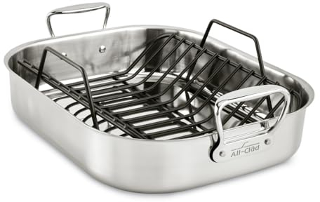 All-Clad E752C264 Stainless Steel Dishwasher Safe Large 13-Inch x 16-Inch Roaster with Nonstick Rack Cookware, 16-Inch, Silver
