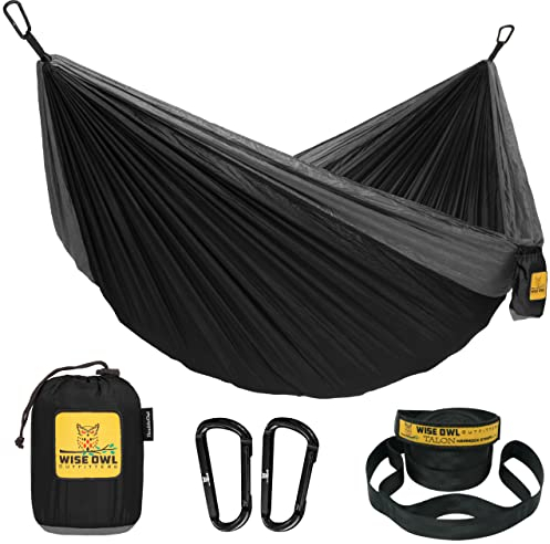 Wise Owl Outfitters Hängematte - Outdoor Hängematte für 2 Personen - Ultraleichte Reisehängematte - Belastbar bis 226 kg - Camping Zubehör - Inkl. Aufhängung u. Karabiner (Schwarz und Grau)