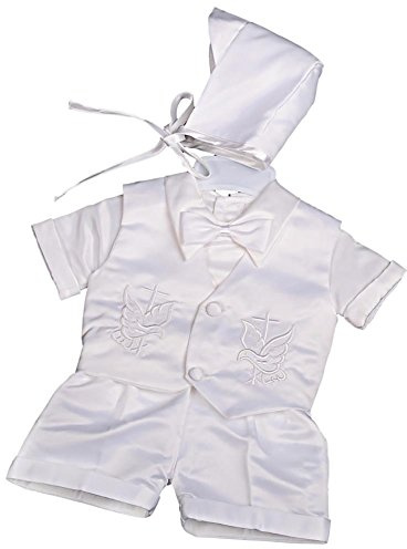 Lito Angels Vetement Tenue de Bapteme en Satin pour Bebe Garcon, Ensemble Costume Blanc 4 Pieces avec Bonnet, Manche Courte, Taille 0-3 Mois