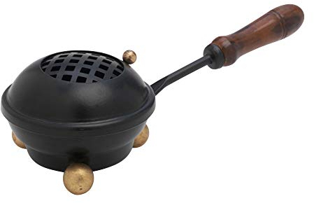 MaMeMi - Padella per fumare nera in ferro con manico in legno, piccola e compatta [diametro 8 cm, lunghezza con manico circa 22 cm] con setaccio rimovibile.