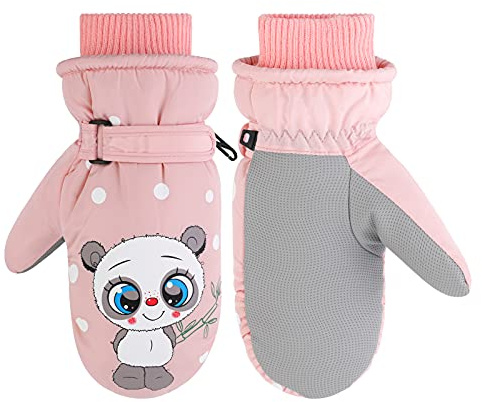 Jupsk Toddler Winter Ski Gloves Waterproof Snowboard Mittens Anti Slip Plush Lined Warm Panda Gloves for Kids Children Girls 2-5 Years Old, Pink