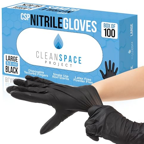 CLEAN SPACE PROJECT Black Nitrile Gloves Disposable, Box of 100-5.5 Mil, Non Latex & Powder Free - For Cooking Prep, Cleaning, Mechanic Work, Tattoo, Barber & More - Food & Industrial Use (XL)