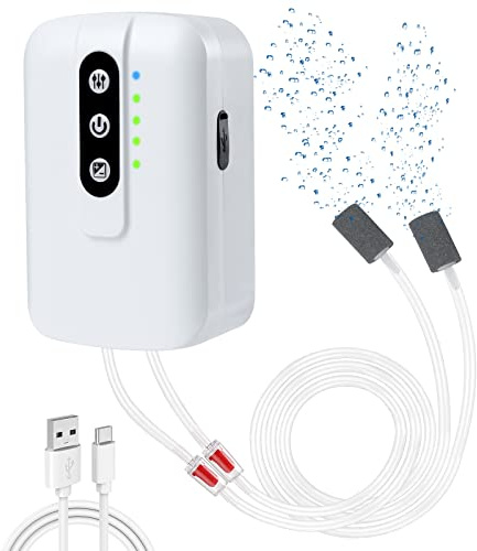 GuDoQi Rechargeable Aquarium Air Pump, Dual Outlet Fish Aerator, 2W Quiet Adjustable Aquarium Bubbler for 120 Gallon Fish Tank, Ideal for Outdoor Fishing, Fish Transportation, Power Outages