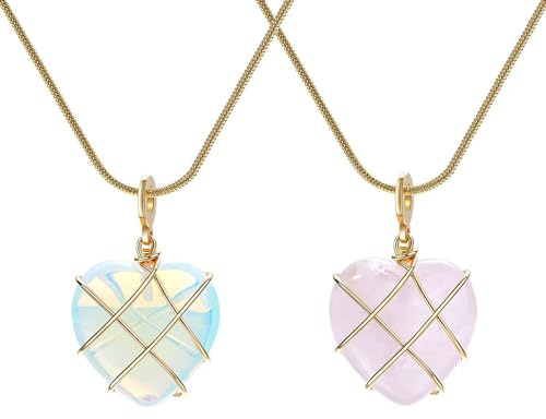 Manqyi 2 Pièces Collier, Pendentifs Bijou Coeur Naturel, Collier De Quartz Rose, en Diamant Cœur, Précieuses, pour Femme Cadeaux, Anniversaires