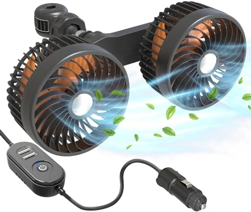 Auto Ventilator Doppelkopf, Auto Lüfter Kopfstütze 12V 24V, USB Ventilator Leise mit 3 Geschwindigkeiten, Tragbare 360 °Drehbarer Ventilator, Rücksitz Ventilator für SUV LKW RV Van
