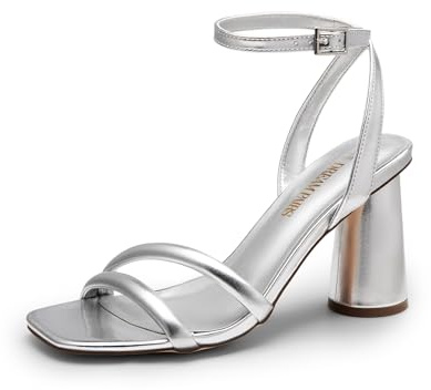 DREAM PAIRS Women's Heels Chunky Block Strappy Square Open Toe Ankle Buckle Heeled Sandals Wedding Party Dress Shoes SDHS2465W,Size 6.5,Silver-Pu,SDHS2465W