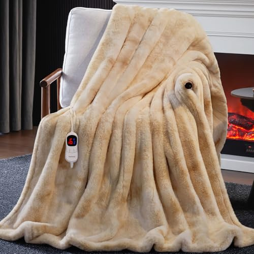 Guohaoi Heated Blanket Electric Throw, Soft Faux Rabbit Fur Electric Blanket with 10 Heating Levels 5 Sitting Timer Auto Off, Cozy Warm Heating Blankets, Machine Washable(50×60 Beige)