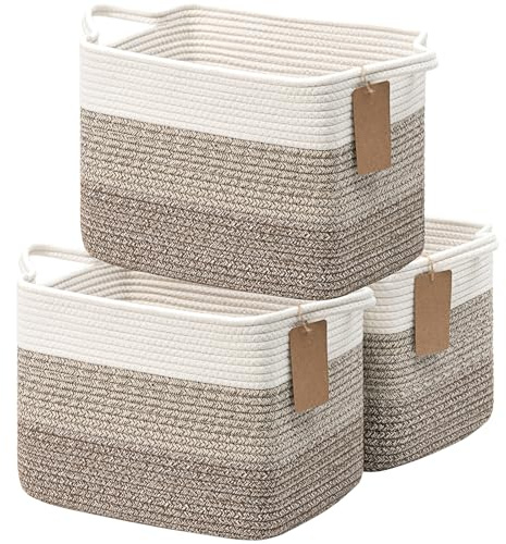 Storage Basket, Rope Baskets for Shelves, Baby Gift Basket for Nursery, Woven Toy Baskets Storage Kids, 3 Pack, 33 x 25 x 23 cm, White & Brown