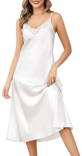 Lovasy Camicia da Notte in Raso Donna Sexy Sottoveste Pizzo Spalline Regolabili Vestaglia Seta con Scollo a V, Z-Bianco, XXL