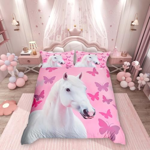 Homemissing Girls' Horse Duvet Cover Set Single Size Pink White Horse Printed Bedding Set Butterfly Flower Duvet Cover with 1 Pillowcase Children'S Women'S Animal Theme