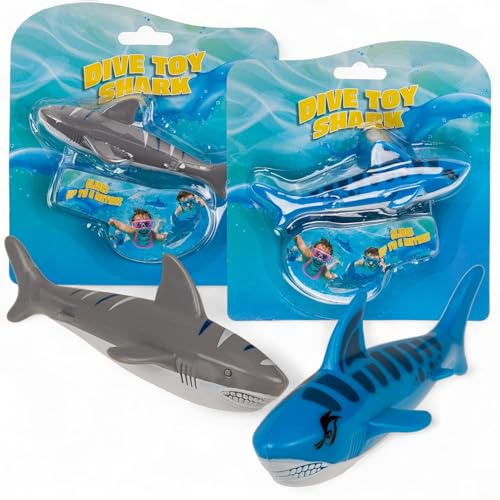MIJOMA Juego de 2 juguete de buceo con diseño de tiburón, deslizante para piscina y bañera, alcance de hasta 6 m, experiencia de buceo para niños, agua azul y gris