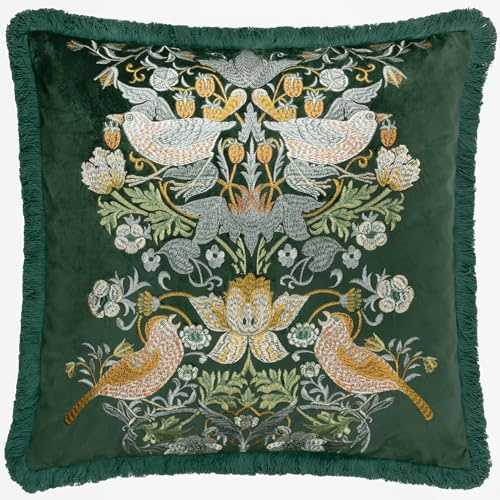 Morris&Co. Strawberry Thief Feather Rich Filled Cushion – Piped Embroidered Velvet Pillow with Fringed Trim (Forest Green - 50x50cm)