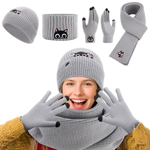 Halinuia Ensemble Bonnet d'hiver pour Femme, Bonnet Écharpe Gants Bandeau Amoureux des Chats Cadeau pour Femme