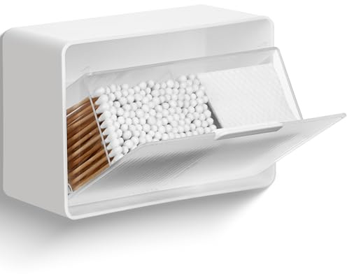 KIMERSE Qtip Holder, Wall Mount Qtip Holder Organizer for Bathroom Cotton Swabs, Balls, Cosmetic Cotton Pads, Dental Floss Storage - White