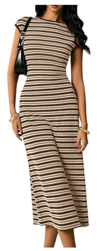 SOLY HUX Women's Striped Dress Crewneck Cap Sleeve Bodycon Knit Summer Midi Dresses Brown Striped Medium