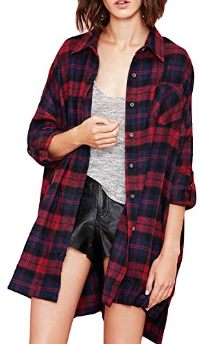 ciciglow Ny Chic Rutig Tartan Skjorta Knäppning Baggy Blus T-shirt för Kvinnor Långärmad Bekväm Casual Style Mörkblå XL (XL)