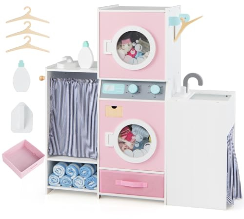 COSTWAY Machine à Laver Enfant avec Fer à Repasser et Lavabo, Buanderie Enfant en Bois avec Tiroir en Tissu Pliable et 3 Cintres, Détergent à Lessive, Jeu de Lave-Linge pour 3 Ans+