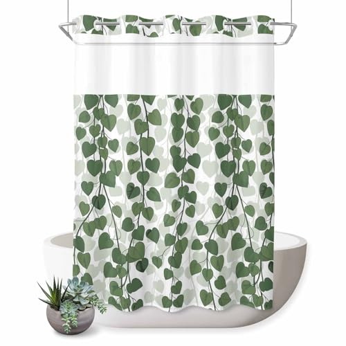 JQZDFBGN No Hooks Shower Curtain, Spring Plants Ivy Waterproof Shower Curtains with See Through Top Window, Green Heartleaf Philodendron Washable Bathroom Curtain,60x72IN