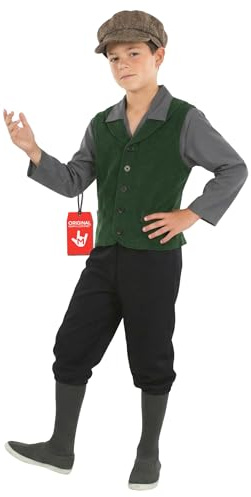 Fun Shack Viktoriansk Skolpojke Kostym för Pojkar, Grön Väst Grå Skjorta Svarta Byxor Brun Mössa, Halloween Maskerad, XL