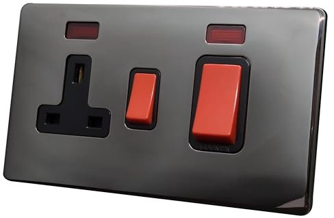Discount Electrix 45 Amp Cooker Switch and 13 Amp Switched Socket with LED Indicators Black Nickel Screwless Flat Plate Design with Black Insert