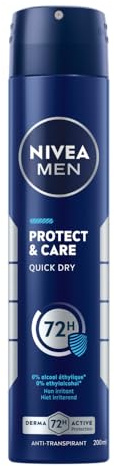 NIVEA MEN Protect & Care Déodorant Anti‑Transpirant Homme 72H – Spray 200 ml – 0% Alcool, Anti‑Irritations, Protection Longue Durée – Peaux Sensibles