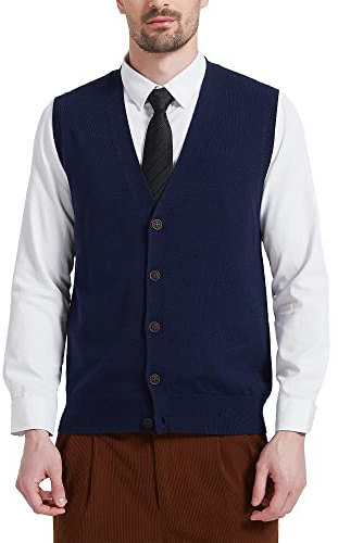 Kallspin Chalecos de Mezcla de Lana para Hombre Cuello en V Chaleco de Punto Cárdigan sin Mangas con Botones