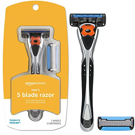 Amazon Basics 5-Blade MotionSphere Razor for Men with Dual Lubrication and Precision Beard Trimmer, Handle & 2 Cartridges (Cartridges fit Amazon Basics Razor Handles only) (Previously Solimo)