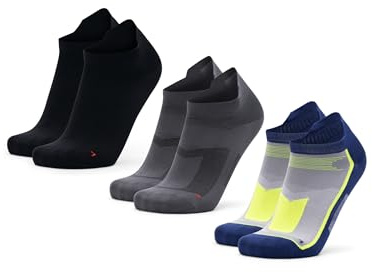 DANISH ENDURANCE Calcetines Cortos de Running, Calcetines Deportivos Antiampollas para el Verano, 3 o 5 Pares, Multicolor: 1 x Negro, 1 x Gris, 1 x Azul/Amarillo neón, 43-47