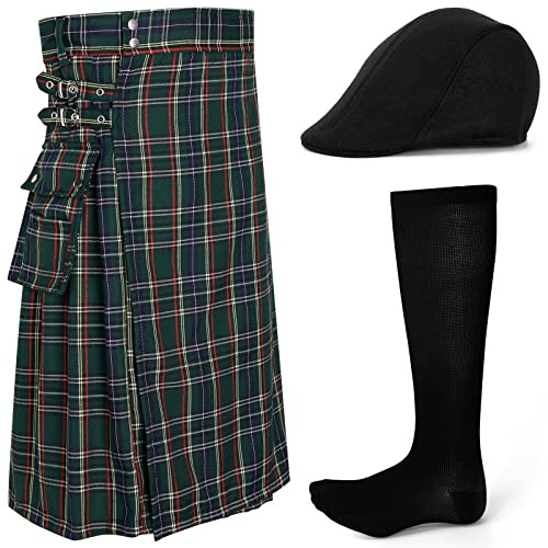 Hillban 3 Pcs St. Patrick's Day Costume Set Irish Green Kilt Green Pleated Costume for Men and Women(Large)