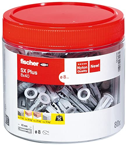 fischer 567920 SX Plus Expansion Wall Plug, 8mm x 40mm, Tin of 80 Plugs