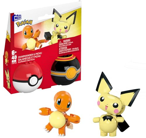 MEGA Pokémon Building Toys Set Pichu & Charmander with 40 Pieces, 2 Poseable Characters and Poké Ball, 2 Inches Tall, for Kids, HXP13