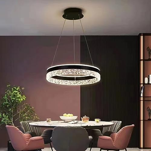Bellastein LED Pendant Light New Modern High End Restaurant Pendant Light Ring Chandelier with Crystal Shape Acrylic Dimmable Remote Control Adjustable Round Ceiling Lamp (Black)