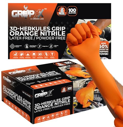 GRIPXX Herkules Grip Heavy Duty 8Mil Orange Nitrile Gloves,3D Raised Diamond Texture-Latex & Powder Free-Industrial, Mechanic (2, Large)
