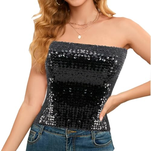 Segreto Top sexy da donna con paillette, senza maniche, vintage, a fascia, senza spalline, crop top per feste, Lungo Nero, Taglia unica