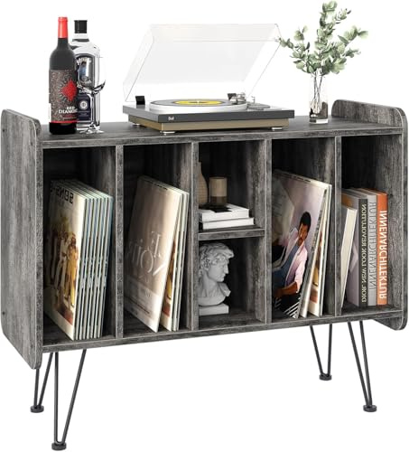 Huhote Record Player Stand, VinylRecord Storage 3 Tier End Table, Turntable Stand for Vinyl Player, RecordPlayer Table Up to 200 Albums, Vinyl RecordHolder Cabinet for Living Room Bedroom (Gray)