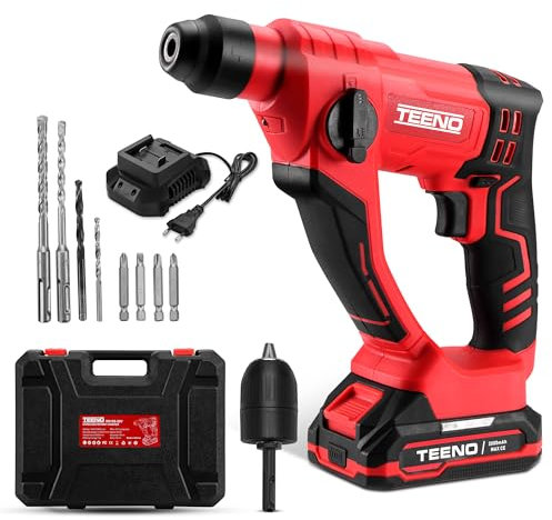 TEENO Taladro Percutor a Bateria, Martillo perforador bateria SDS-Plus con 0-1150RPM/5100BPM ，1.2J impacto con 1 x 2Ah batería y maletín de transporte para hormigón, acero y madera
