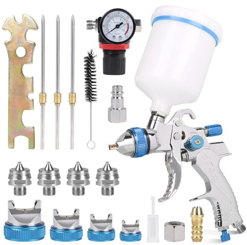DBREAKS HVLP Pistolet à peinture 1,4/1,7/2,0/2,5 mm | Pistolet à air avec gobelet de 600 ml + 4 jeux de buses + régulateur de pression d'air | Pistolet à peinture pour voiture, meubles, bricolage