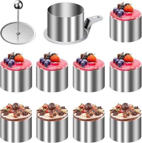 TYBYBB Lot de 10 petits anneaux à dessert et anneaux de service en acier inoxydable 8 cm avec levier et presse-purée pour gâteaux mousseux, desserts, moules à gâteaux