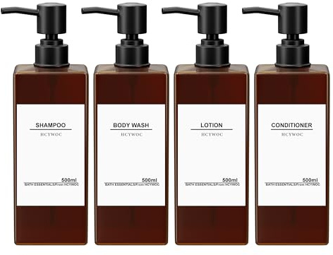 Botellas de champú para rellenar, dispensador de gel de ducha, dispensador de champú de 500 ml para ducha, dispensador de jabón ámbar con 32 etiquetas impermeables y embudo, dispensador de bomba de