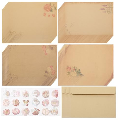 Set de papel de carta vintage 41 piezas, papelería retro con 32 hojas kraft, 8 sobres, pegatinas y sello de cera, para cartas románticas, bodas, invitaciones y manualidades DIY