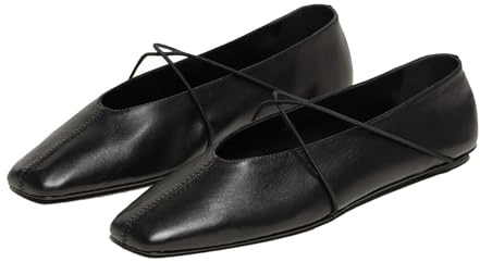 XBKXMK Square Toe Ballet Flats for Women Criss-Cross Straps Mary Jane Flat Shoes Comfortable Slip On Leather Ballerina Office Work Casual Black