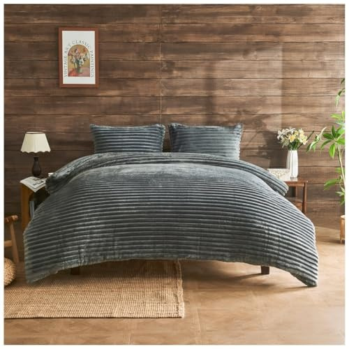 Lions Teddy Fleece Bedding Set - Thermal Ribbed Double Bed Duvet Cover with Matching Pillowcase, 100% Polyeser Warm Cosy Winter Quilt Covers, Charcoal, 200x200cm