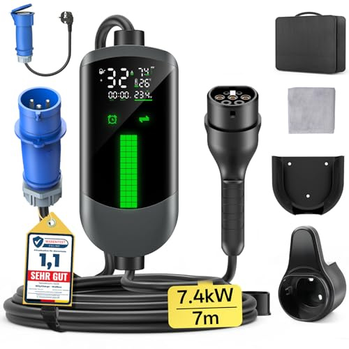 Cargador Coche Electrico Wallbox 7,4kW - 7M/6-32A Monofasico Cable Carga Coche Electrico, Cargador Tipo 2 EV Charger Portátil, LCD Pantalla, Controlable, IP65, para Mayoría EVs(IEC 62196-2) & PHEVS